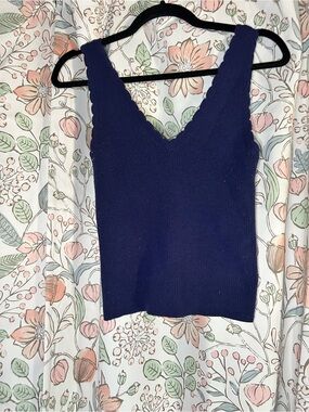 aerie Navy Scalloped V-Neck Ribbed Tank
